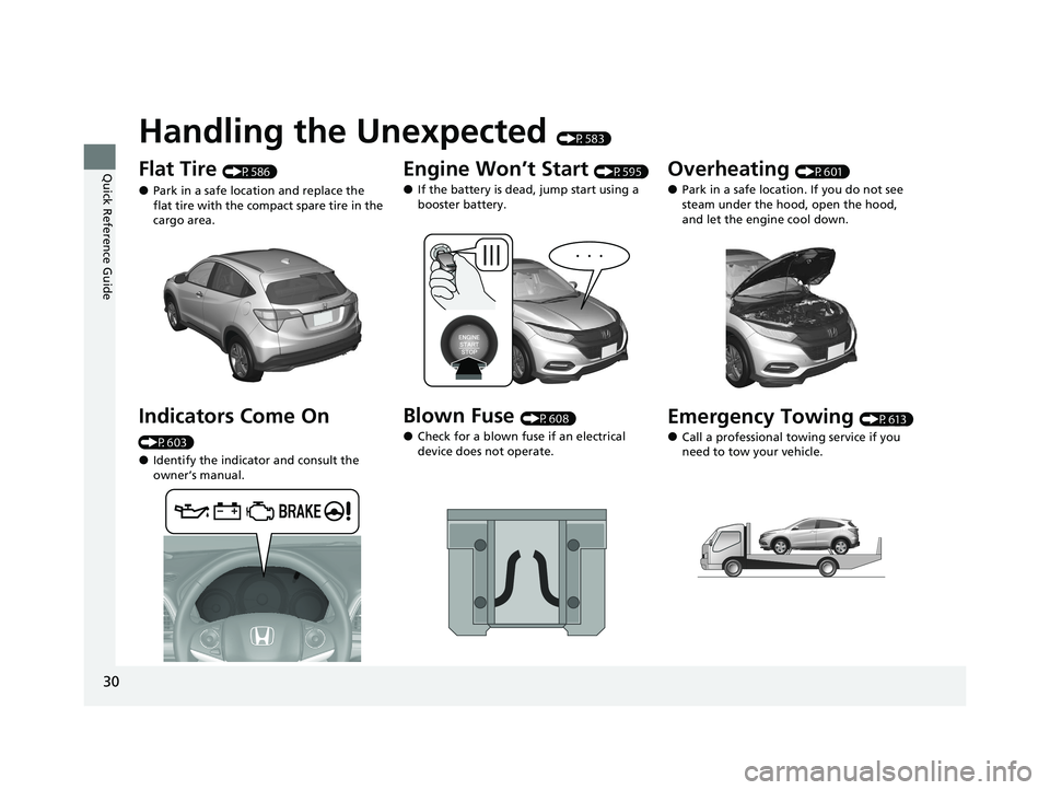 HONDA HR-V 2021   (in English) Owners Guide 30
Quick Reference Guide
Handling the Unexpected (P583)
Flat Tire (P586)
●Park in a safe location and replace the 
flat tire with the compact spare tire in the 
cargo area.
Indicators Come On 
(P603