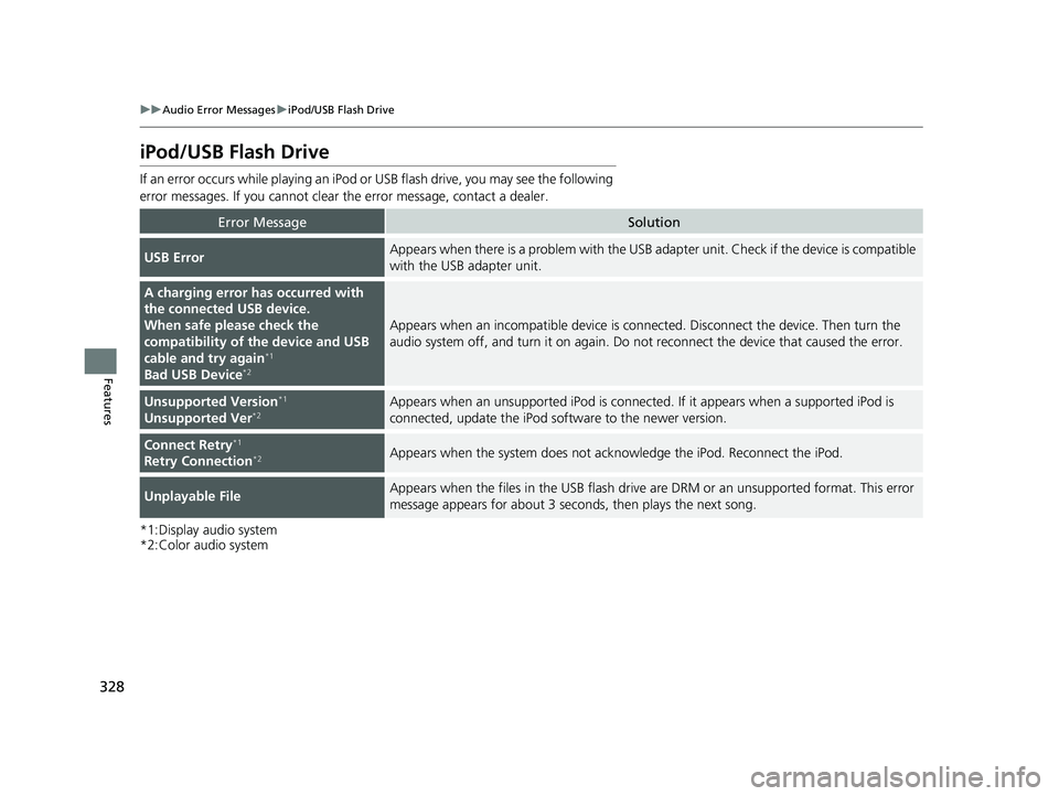 HONDA HR-V 2021 Owners Manual (in English) 328
uuAudio Error Messages uiPod/USB Flash Drive
Features
iPod/USB Flash Drive
If an error occurs while play ing an iPod or USB flash driv e, you may see the following
error messages. If you cannot c HONDA HR-V 2021 Owners Manual (in English) 328
uuAudio Error Messages uiPod/USB Flash Drive
Features
iPod/USB Flash Drive
If an error occurs while play ing an iPod or USB flash driv e, you may see the following
error messages. If you cannot c