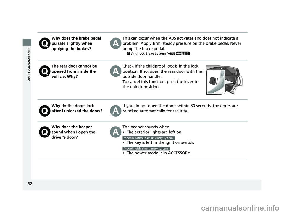 HONDA HR-V 2021 (in English) Owners Guide 32
Quick Reference Guide
Why does the brake pedal
pulsate slightly when
applying the brakes?This can occur when the ABS activates and does not indicate a
problem. Apply firm, steady pressure on the HONDA HR-V 2021 (in English) Owners Guide 32
Quick Reference Guide
Why does the brake pedal
pulsate slightly when
applying the brakes?This can occur when the ABS activates and does not indicate a
problem. Apply firm, steady pressure on the