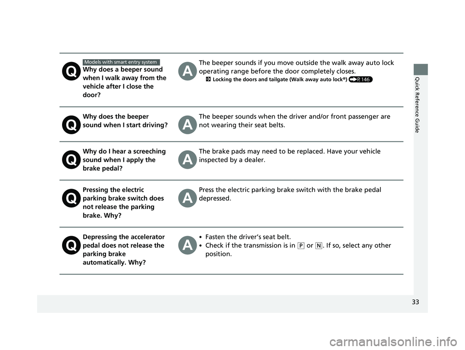 HONDA HR-V 2021  Owners Manual (in English) 33
Quick Reference GuideWhy does a beeper sound 
when I walk away from the 
vehicle after I close the 
door?
The beeper sounds if you move outside the walk away auto lock 
operating range before the d