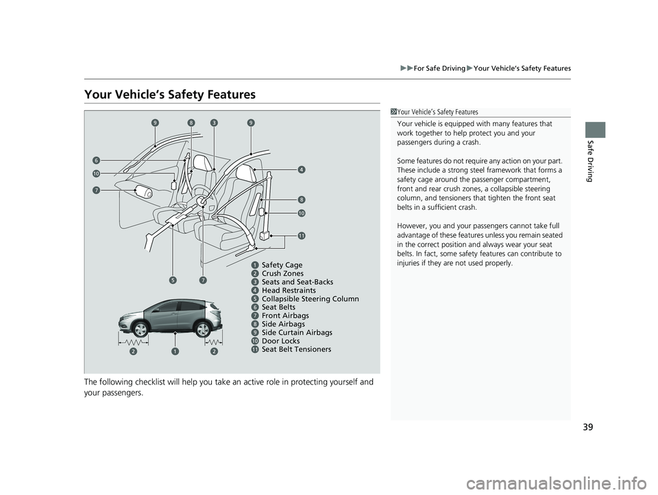 HONDA HR-V 2021 (in English) Service Manual 39
uuFor Safe Driving uYour Vehicle’s Safety Features
Safe Driving
Your Vehicle’s Safety Features
The following checklist will help you take an active role in protecting yourself and
your passeng HONDA HR-V 2021 (in English) Service Manual 39
uuFor Safe Driving uYour Vehicle’s Safety Features
Safe Driving
Your Vehicle’s Safety Features
The following checklist will help you take an active role in protecting yourself and
your passeng