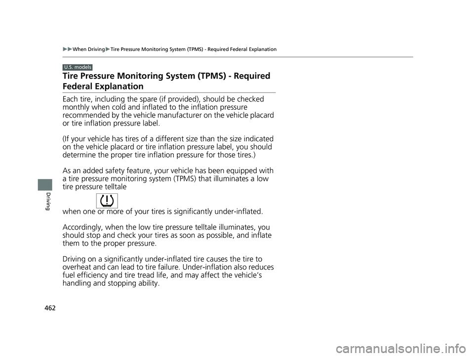 HONDA HR-V 2021  Owners Manual (in English) 462
uuWhen Driving uTire Pressure Monitoring System (TPMS) - Required Federal Explanation
Driving
Tire Pressure Monitoring  System (TPMS) - Required 
Federal Explanation
Each tire, including the spare