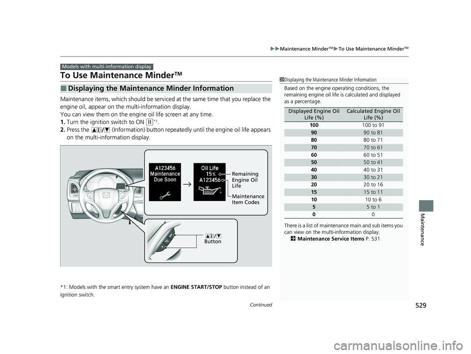 HONDA HR-V 2021  Owners Manual (in English) 529
uuMaintenance MinderTMuTo Use Maintenance MinderTM
Continued
Maintenance
To Use Maintenance MinderTM
Maintenance items, which should be serviced  at the same time that you replace the 
engine oil,