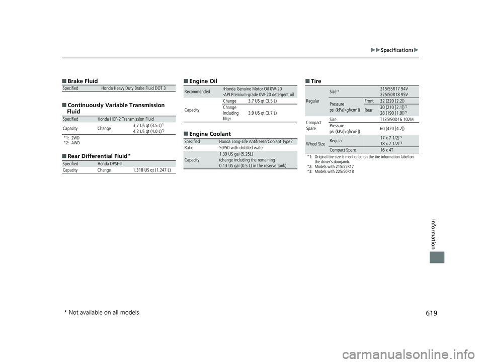 HONDA HR-V 2021  Owners Manual (in English) 619
uuSpecifications u
Information
■
Brake Fluid
■ Continuously Variable Transmission 
Fluid
*1: 2WD
*2: AWD
■ Rear Differential Fluid*
SpecifiedHonda Heavy Duty Brake Fluid DOT 3
SpecifiedHonda