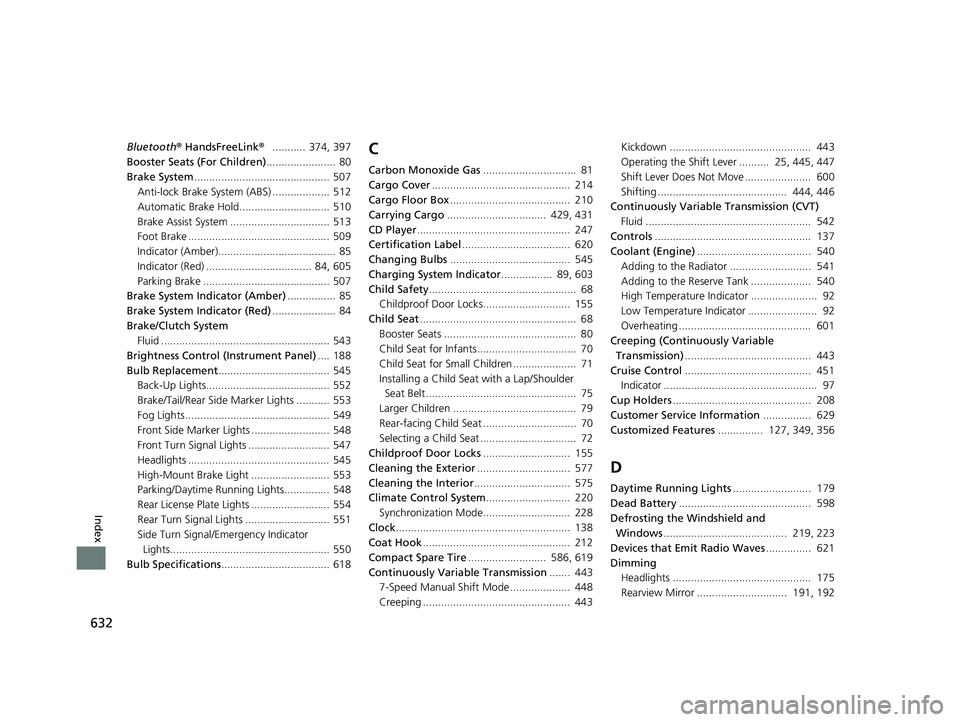 HONDA HR-V 2021  Owners Manual (in English) 632
Index
Bluetooth® HandsFreeLink ®...........  374, 397
Booster Seats (For Children) .......................  80
Brake System ............................................. 507
Anti-lock Brake Syst