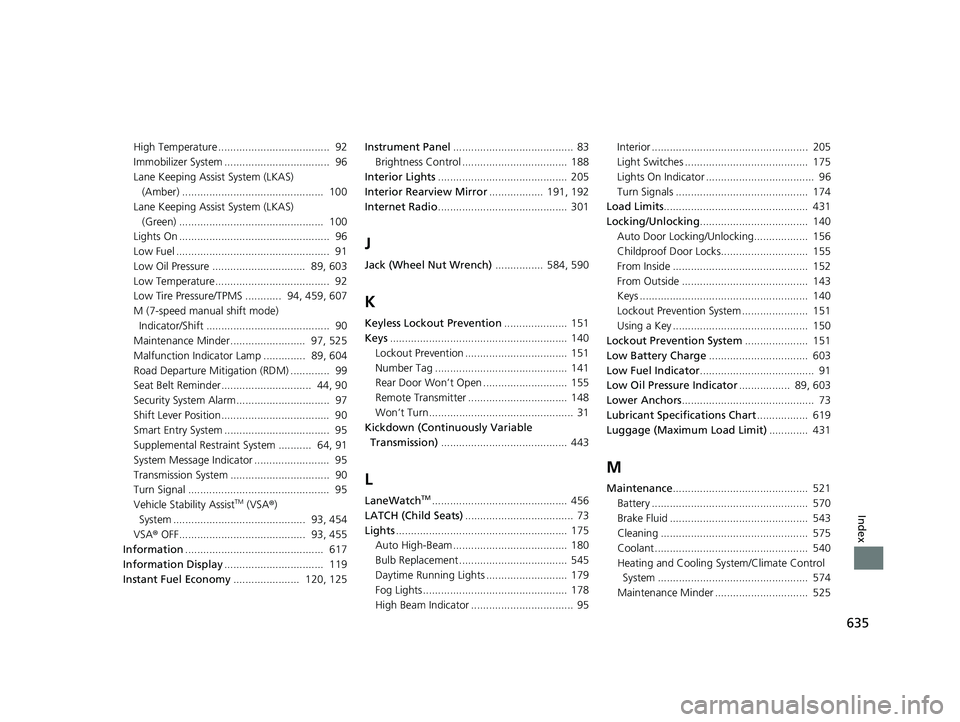 HONDA HR-V 2021   (in English) Manual Online 635
Index
High Temperature .....................................  92
Immobilizer System ...................................  96
Lane Keeping Assist System (LKAS) (Amber) ..............................