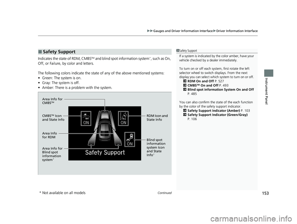 HONDA INSIGHT 2021 (in English) Owners Guide Continued153
uuGauges and Driver Information Interface uDriver Information Interface
Instrument Panel
Indicates the state of RDM, CMBSTM and blind spot information system*, such as On,
Off, or Failur HONDA INSIGHT 2021 (in English) Owners Guide Continued153
uuGauges and Driver Information Interface uDriver Information Interface
Instrument Panel
Indicates the state of RDM, CMBSTM and blind spot information system*, such as On,
Off, or Failur
