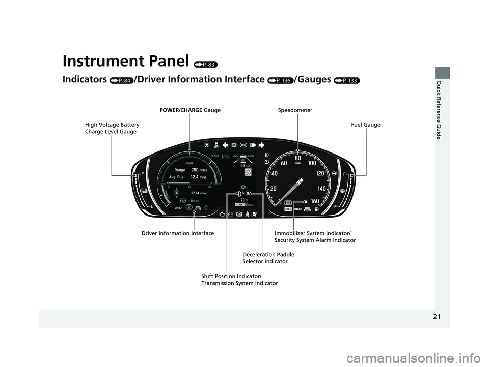 HONDA INSIGHT 2021   (in English) Owners Guide 21
Quick Reference Guide
Instrument Panel (P 83)
Indicators (P 84)/Driver Information Interface (P 136)/Gauges (P 133)
Speedometer
Fuel Gauge
Driver Information Interface Immobilizer System Indicator/