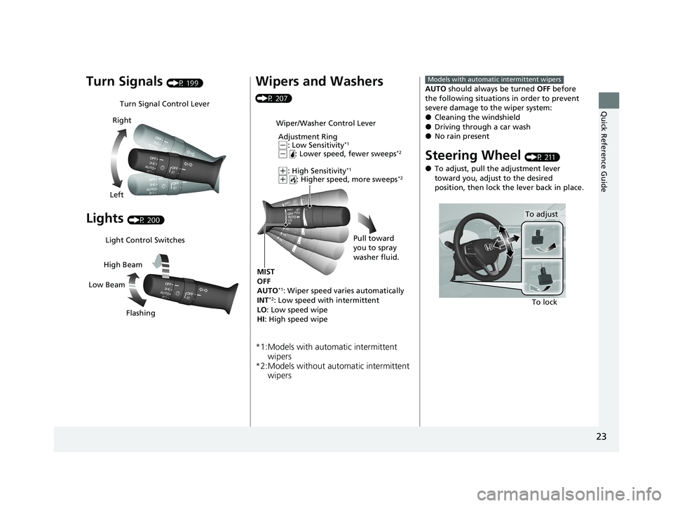 HONDA INSIGHT 2021  Owners Manual (in English) 23
Quick Reference Guide
Turn Signals (P 199)
Lights (P 200)
Turn Signal Control Lever
Right
Left
Light Control Switches
Low Beam High Beam
Flashing
Wipers and Washers 
(P 207)
*1:Models with automati