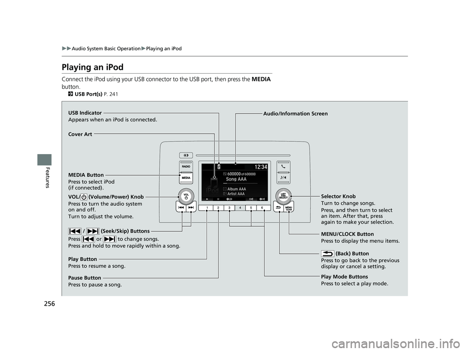 HONDA INSIGHT 2021  Owners Manual (in English) 256
uuAudio System Basic Operation uPlaying an iPod
Features
Playing an iPod
Connect the iPod using your USB connector to the USB port, then press the  MEDIA 
button.
2 USB Port(s)  P. 241
USB Indicat