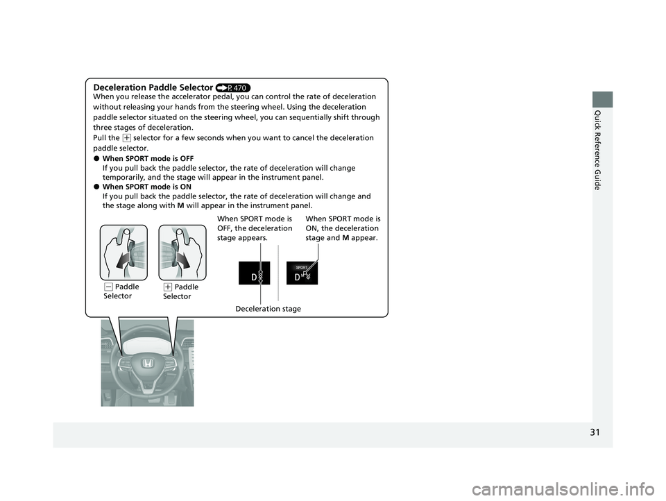 HONDA INSIGHT 2021 Owners Manual (in English) 31
Quick Reference Guide
When SPORT mode is
ON, the deceleration
stage and M appear.
(- Paddle
Selector( + Paddle
Selector
Deceleration Paddle Selector (P470)
When you release the accelerator peda HONDA INSIGHT 2021 Owners Manual (in English) 31
Quick Reference Guide
When SPORT mode is
ON, the deceleration
stage and M appear.
(- Paddle
Selector( + Paddle
Selector
Deceleration Paddle Selector (P470)
When you release the accelerator peda