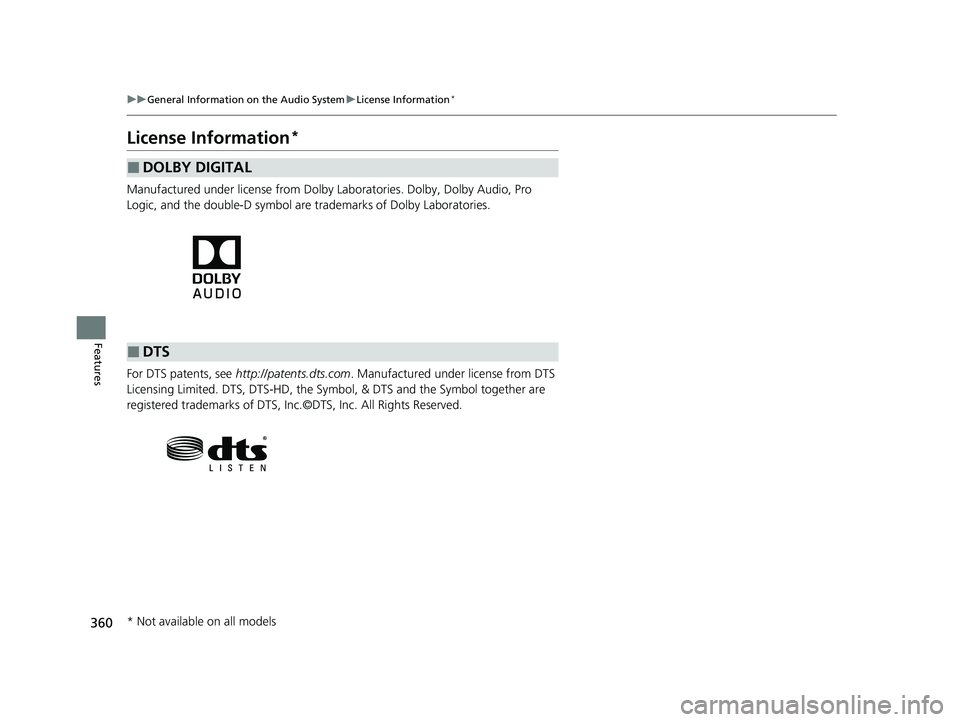 HONDA INSIGHT 2021  Owners Manual (in English) 360
uuGeneral Information on the Audio System uLicense Information*
Features
License Information*
Manufactured under license from Dolby La boratories. Dolby, Dolby Audio, Pro 
Logic, and the double-D 