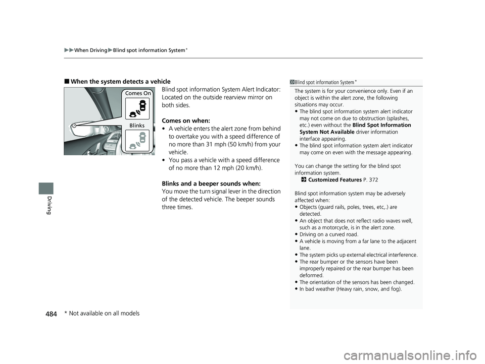 HONDA INSIGHT 2021 (in English) Owners Guide uuWhen Driving uBlind spot information System*
484
Driving
■When the system detects a vehicle
Blind spot information System Alert Indicator:
Located on the outside rearview mirror on
both sides.
C HONDA INSIGHT 2021 (in English) Owners Guide uuWhen Driving uBlind spot information System*
484
Driving
■When the system detects a vehicle
Blind spot information System Alert Indicator:
Located on the outside rearview mirror on
both sides.
C