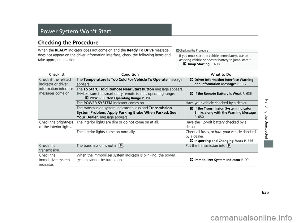 HONDA INSIGHT 2021  Owners Manual (in English) 635
Handling the Unexpected
Power System Won’t Start
Checking the Procedure
When the READY indicator does not come on and the  Ready To Drive message 
does not appear on the driver informatio n inte