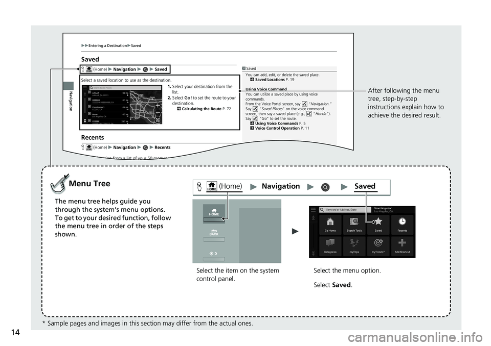 HONDA INSIGHT 2021 Navigation Manual (in English) 14
uuEntering a Destination uSave d
Navigation
Saved
H (Home) uNavigation uuSaved
Select a saved lo cation to use as the destination.
1. Select your destination from the
list.
2. Select Go! to s HONDA INSIGHT 2021 Navigation Manual (in English) 14
uuEntering a Destination uSave d
Navigation
Saved
H (Home) uNavigation uuSaved
Select a saved lo cation to use as the destination.
1. Select your destination from the
list.
2. Select Go! to s