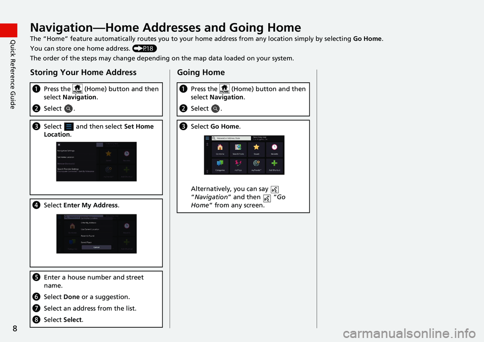 HONDA INSIGHT 2021  Navigation Manual (in English) 8
Quick Reference GuideNavigation—Home Addresses and Going Home
The “Home” feature automatically routes you to your home address from any location simply by selecting Go Home.
You can store one 