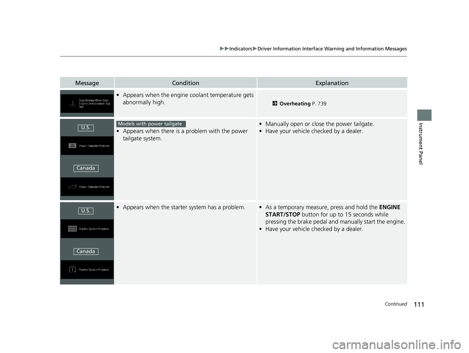 HONDA ODYSSEY 2021  Owners Manual (in English) 111
uuIndicators uDriver Information Interface Wa rning and Information Messages
Continued
Instrument Panel
MessageConditionExplanation
•Appears when the engine coolant temperature gets 
abnormally 