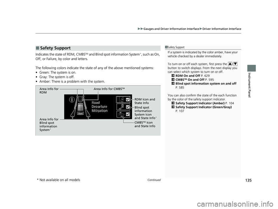 HONDA ODYSSEY 2021 Owners Manual (in English) Continued135
uuGauges and Driver Information Interface uDriver Information Interface
Instrument Panel
Indicates the state of RDM, CMBSTM and Blind spot information System*, such as On,
Off, or Failur HONDA ODYSSEY 2021 Owners Manual (in English) Continued135
uuGauges and Driver Information Interface uDriver Information Interface
Instrument Panel
Indicates the state of RDM, CMBSTM and Blind spot information System*, such as On,
Off, or Failur