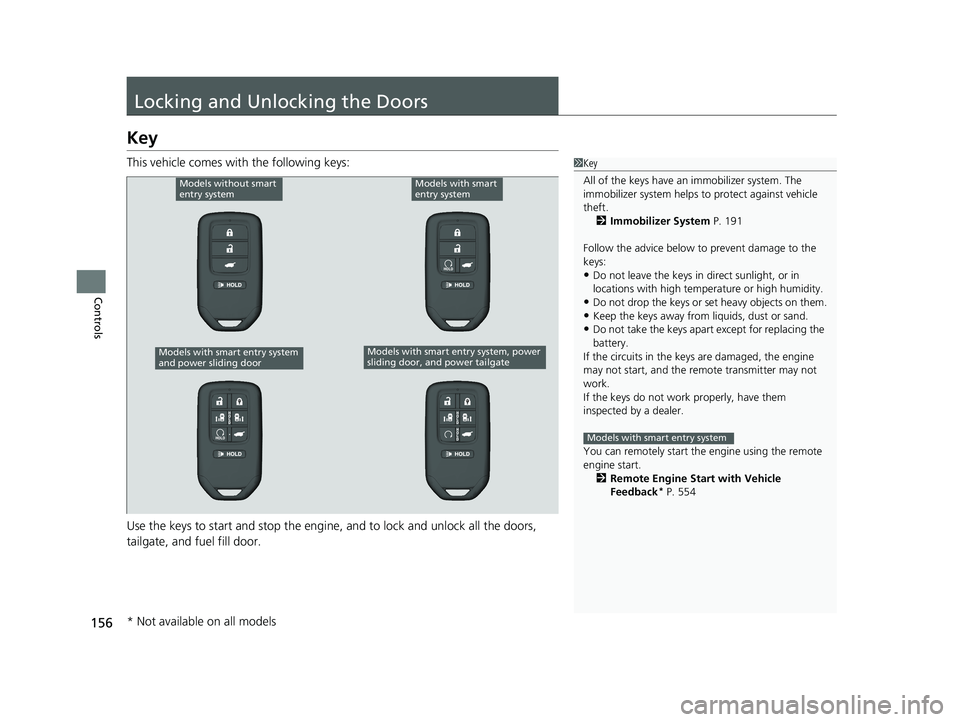 HONDA ODYSSEY 2021  Owners Manual (in English) 156
Controls
Locking and Unlocking the Doors
Key
This vehicle comes with the following keys:
Use the keys to start and stop the engine, and to lock and unlock all the doors, 
tailgate, and fuel fill d