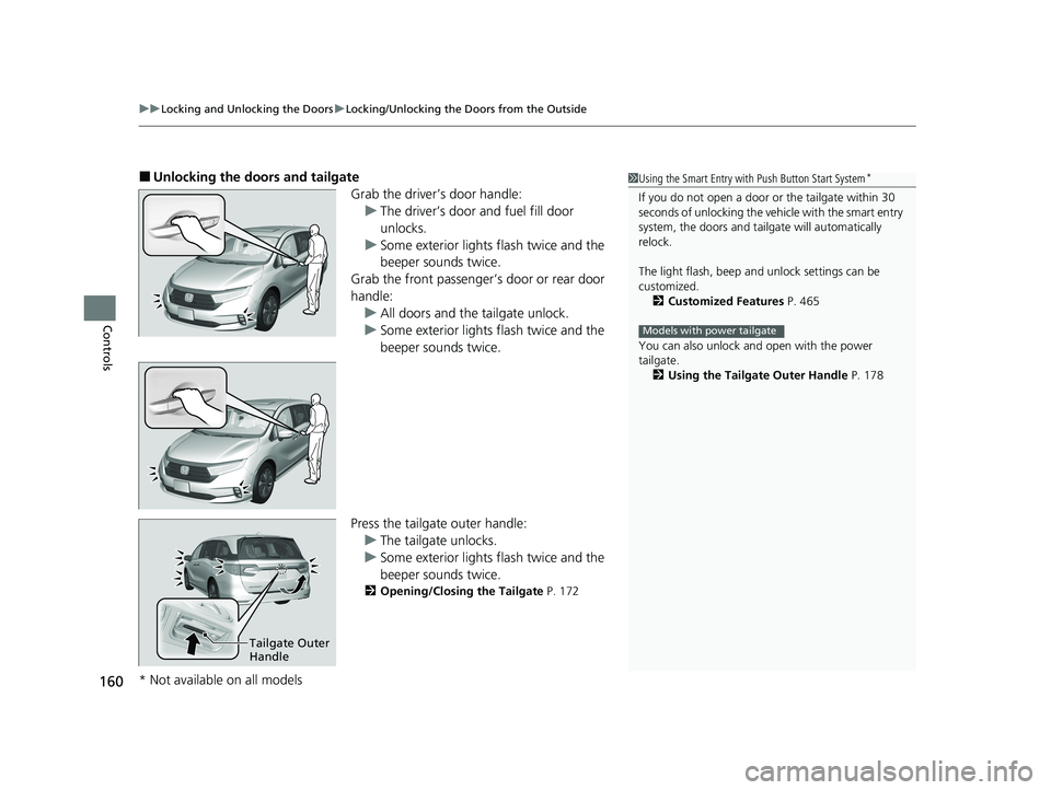 HONDA ODYSSEY 2021 Owners Manual (in English) uuLocking and Unlocking the Doors uLocking/Unlocking the Doors from the Outside
160
Controls
■Unlocking the doors and tailgate
Grab the driver’s door handle:u The driver’s door and fuel fill doo HONDA ODYSSEY 2021 Owners Manual (in English) uuLocking and Unlocking the Doors uLocking/Unlocking the Doors from the Outside
160
Controls
■Unlocking the doors and tailgate
Grab the driver’s door handle:u The driver’s door and fuel fill doo