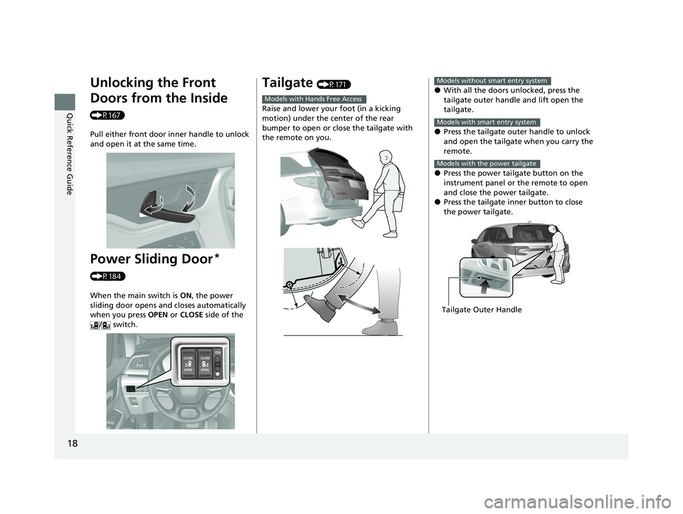 HONDA ODYSSEY 2021 (in English) User Guide 18
Quick Reference Guide
Unlocking the Front
Doors from the Inside
(P167)Pull either front door inner handle to unlock
and open it at the same time.
Power Sliding Door*
(P184)
When the main switch HONDA ODYSSEY 2021 (in English) User Guide 18
Quick Reference Guide
Unlocking the Front
Doors from the Inside
(P167)Pull either front door inner handle to unlock
and open it at the same time.
Power Sliding Door*
(P184)
When the main switch