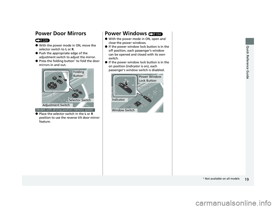 HONDA ODYSSEY 2021 (in English) Owners Guide 19
Quick Reference Guide
Power Door Mirrors
(P220)
●With the power mode in ON, move the
selector switch to L or R .
●Push the appropriate edge of the
adjustment switch to adjust the mirror.
● HONDA ODYSSEY 2021 (in English) Owners Guide 19
Quick Reference Guide
Power Door Mirrors
(P220)
●With the power mode in ON, move the
selector switch to L or R .
●Push the appropriate edge of the
adjustment switch to adjust the mirror.
●