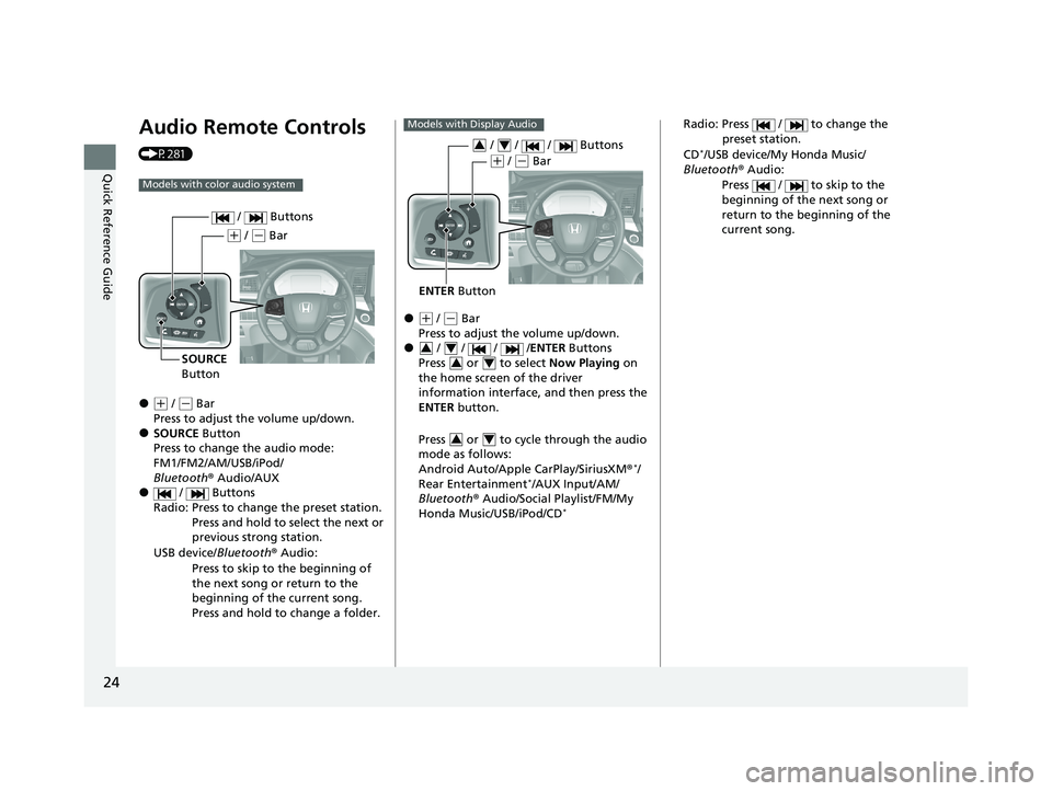 HONDA ODYSSEY 2021 (in English) Owners Guide 24
Quick Reference Guide
Audio Remote Controls
(P281)
●(+ / ( - Bar
Press to adjust the volume up/down.
●SOURCE Button
Press to change the audio mode:
FM1/FM2/AM/USB/iPod/
Bluetooth ® Audio/AU HONDA ODYSSEY 2021 (in English) Owners Guide 24
Quick Reference Guide
Audio Remote Controls
(P281)
●(+ / ( - Bar
Press to adjust the volume up/down.
●SOURCE Button
Press to change the audio mode:
FM1/FM2/AM/USB/iPod/
Bluetooth ® Audio/AU