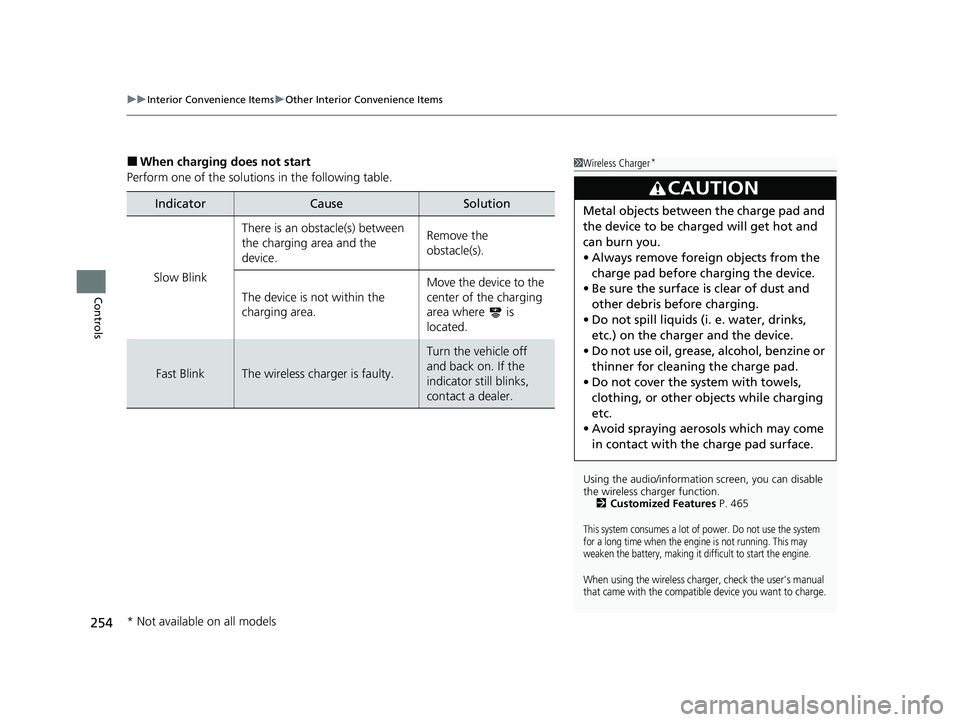 HONDA ODYSSEY 2021  Owners Manual (in English) uuInterior Convenience Items uOther Interior Convenience Items
254
Controls
■When charging does not start
Perform one of the solution s in the following table.
IndicatorCauseSolution
Slow Blink
Ther