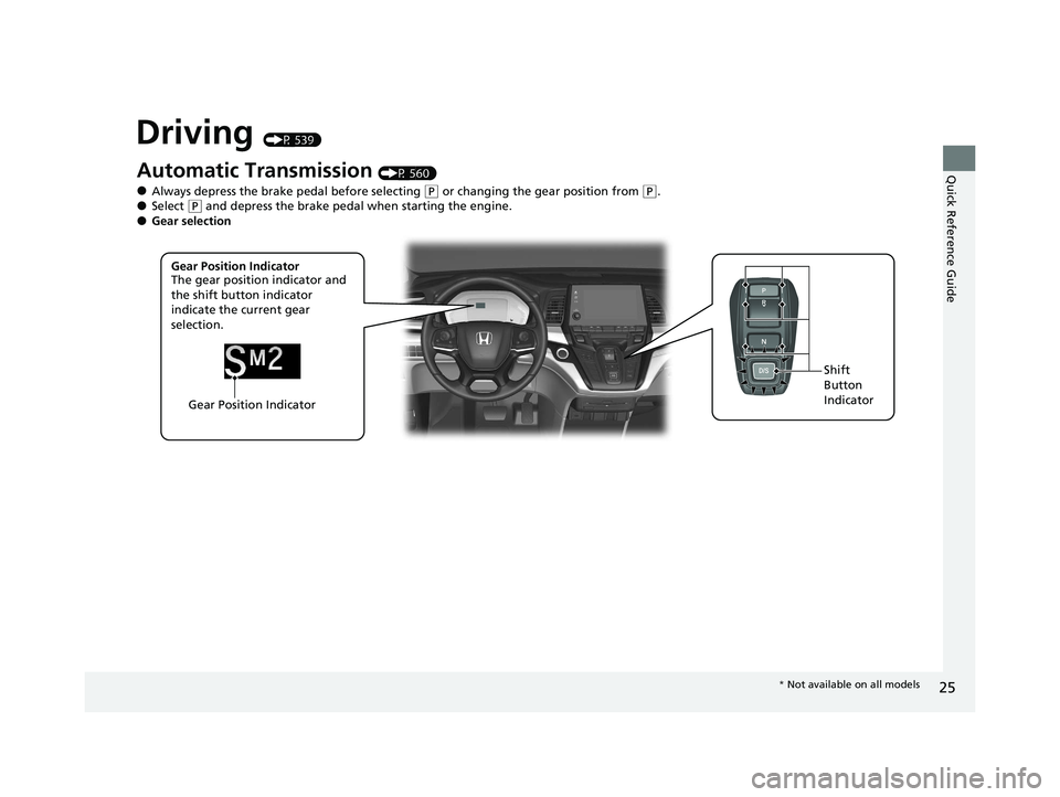 HONDA ODYSSEY 2021 (in English) Owners Guide 25
Quick Reference Guide
Driving (P 539)
Gear Position IndicatorShift
Button
Indicator
Automatic Transmission (P 560)
●Always depress the brake pedal before selecting (
P or changing the gear posi HONDA ODYSSEY 2021 (in English) Owners Guide 25
Quick Reference Guide
Driving (P 539)
Gear Position IndicatorShift
Button
Indicator
Automatic Transmission (P 560)
●Always depress the brake pedal before selecting (
P or changing the gear posi