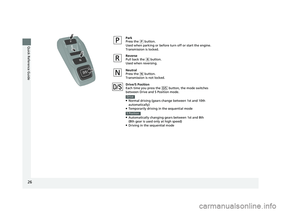 HONDA ODYSSEY 2021  Owners Manual (in English) 26
Quick Reference Guide
Park
Press the (P button.
Used when parking or before  turn off or start the engine.
Transmission is locked.
Reverse
Pull back the 
( R button.
Used when reversing.
Neutral
Pr