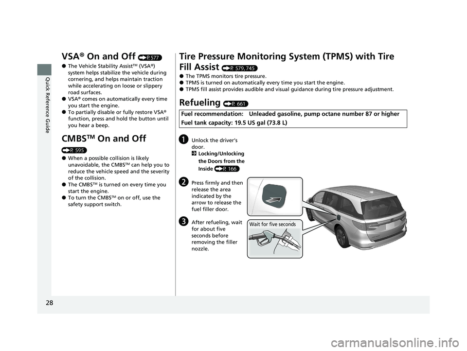 HONDA ODYSSEY 2021  Owners Manual (in English) 28
Quick Reference Guide
VSA® On and Off (P577)
●The Vehicle Stability AssistTM (VSA ®) 
system helps stabilize the vehicle during 
cornering, and helps maintain traction 
while accelerating on lo