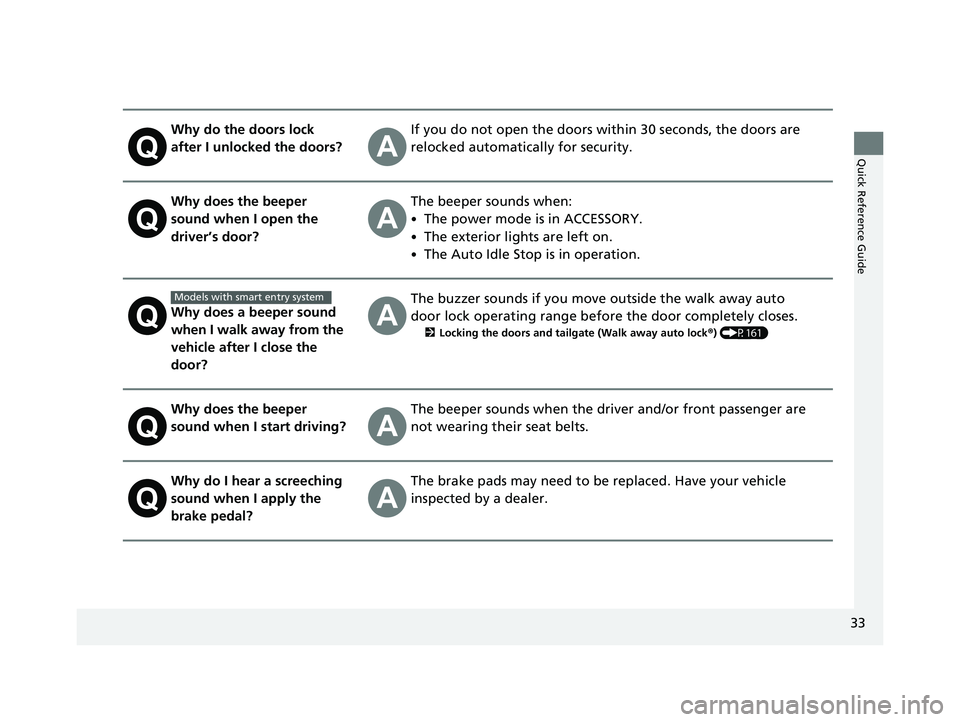 HONDA ODYSSEY 2021  Owners Manual (in English) 33
Quick Reference Guide
Why do the doors lock 
after I unlocked the doors?If you do not open the doors within 30 seconds, the doors are 
relocked automatically for security.
Why does the beeper 
soun