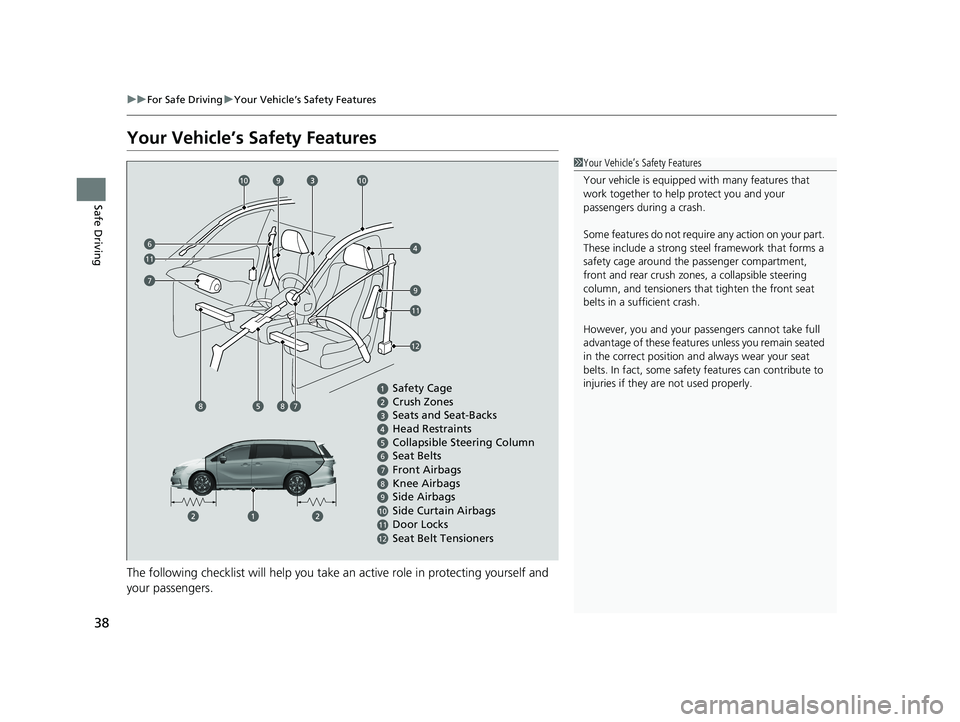 HONDA ODYSSEY 2021  Owners Manual (in English) 38
uuFor Safe Driving uYour Vehicle’s Safety Features
Safe Driving
Your Vehicle’s Safety Features
The following checklist will help you take an active role  in protecting yourself and 
your passen