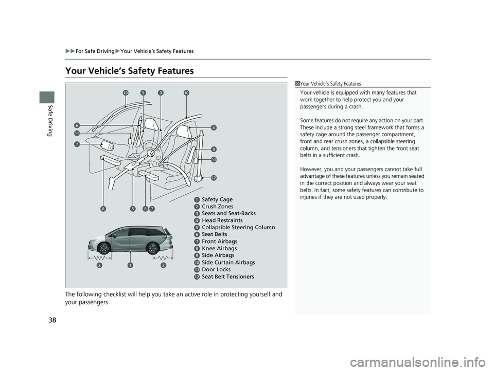 HONDA ODYSSEY 2021 (in English) Owners Guide 38
uuFor Safe Driving uYour Vehicle’s Safety Features
Safe Driving
Your Vehicle’s Safety Features
The following checklist will help you take an active role in protecting yourself and
your passen HONDA ODYSSEY 2021 (in English) Owners Guide 38
uuFor Safe Driving uYour Vehicle’s Safety Features
Safe Driving
Your Vehicle’s Safety Features
The following checklist will help you take an active role in protecting yourself and
your passen