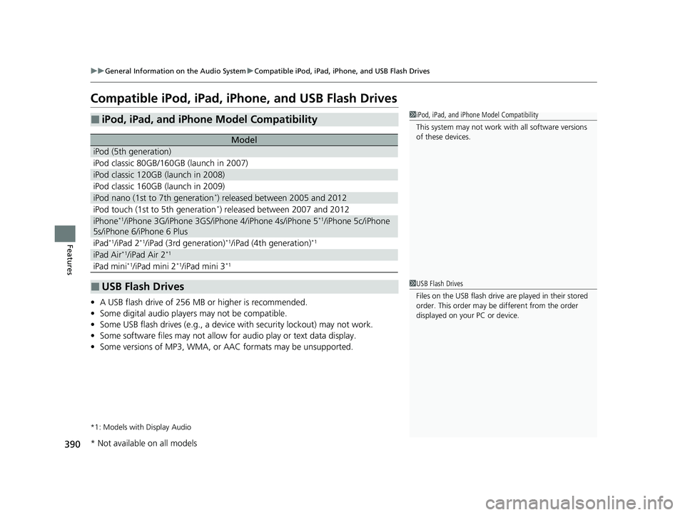 HONDA ODYSSEY 2021 Owners Manual (in English) 390
uuGeneral Information on the Audio System uCompatible iPod, iPad, iPhone, and USB Flash Drives
Features
Compatible iPod, iPad, iPhone, and USB Flash Drives
• A USB flash drive of 256 MB or highe HONDA ODYSSEY 2021 Owners Manual (in English) 390
uuGeneral Information on the Audio System uCompatible iPod, iPad, iPhone, and USB Flash Drives
Features
Compatible iPod, iPad, iPhone, and USB Flash Drives
• A USB flash drive of 256 MB or highe
