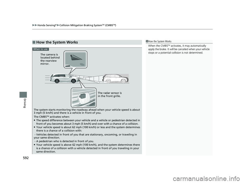 HONDA ODYSSEY 2021 Owners Manual (in English) uuHonda Sensing ®u Collision Mitigation Braking SystemTM (CMBSTM)
592
Driving
■How the System Works1How the System Works
When the CMBS
TM activates, it may automatically
apply the brake. It will HONDA ODYSSEY 2021 Owners Manual (in English) uuHonda Sensing ®u Collision Mitigation Braking SystemTM (CMBSTM)
592
Driving
■How the System Works1How the System Works
When the CMBS
TM activates, it may automatically
apply the brake. It will