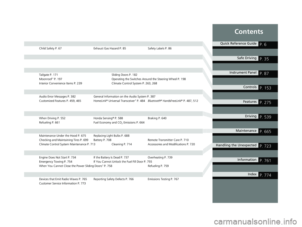 HONDA ODYSSEY 2021 Owners Manual (in English) Contents
Child Safety P. 67Exhaust Gas Hazard P. 85Safety Labels P. 86
Tailgate P. 171 Sliding Doors P. 182
Moonroof* P. 197 Operating the Switches Around the Steering Wheel P. 198
Interior Convenienc HONDA ODYSSEY 2021 Owners Manual (in English) Contents
Child Safety P. 67Exhaust Gas Hazard P. 85Safety Labels P. 86
Tailgate P. 171 Sliding Doors P. 182
Moonroof* P. 197 Operating the Switches Around the Steering Wheel P. 198
Interior Convenienc