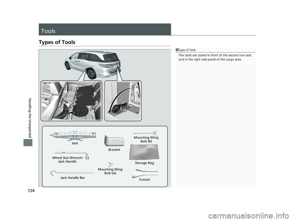 HONDA ODYSSEY 2021 Owners Manual (in English) 724
Handling the Unexpected
Tools
Types of Tools
1Types of Tools
The tools are stored in fr ont of the second row seat
and in the right side pa nel of the cargo area.
Wheel Nut Wrench/
Jack Handle Ja HONDA ODYSSEY 2021 Owners Manual (in English) 724
Handling the Unexpected
Tools
Types of Tools
1Types of Tools
The tools are stored in fr ont of the second row seat
and in the right side pa nel of the cargo area.
Wheel Nut Wrench/
Jack Handle Ja