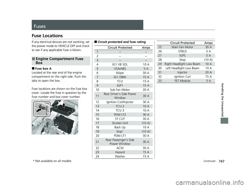 HONDA ODYSSEY 2021 Owners Manual (in English) 747Continued
Handling the Unexpected
Fuses
Fuse Locations
If any electrical devices are not working, set
the power mode to VEHICLE OFF and check
to see if any applic able fuse is blown.
■Fuse box HONDA ODYSSEY 2021 Owners Manual (in English) 747Continued
Handling the Unexpected
Fuses
Fuse Locations
If any electrical devices are not working, set
the power mode to VEHICLE OFF and check
to see if any applic able fuse is blown.
■Fuse box
