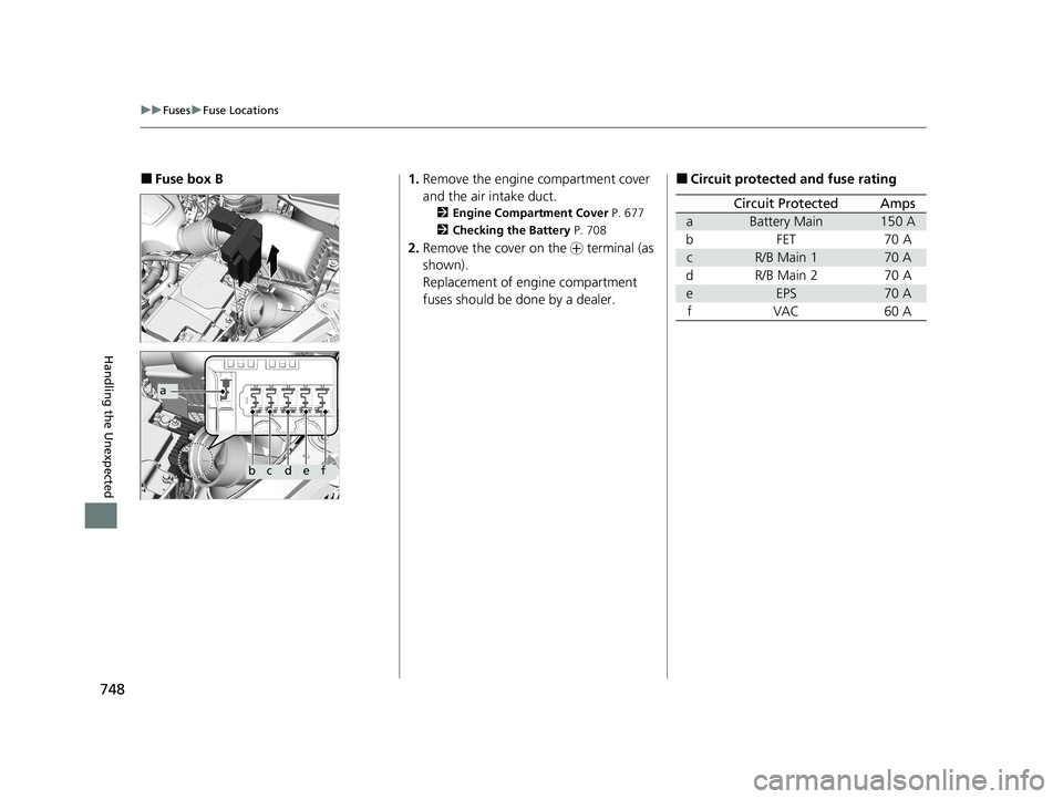 HONDA ODYSSEY 2021  Owners Manual (in English) 748
uuFuses uFuse Locations
Handling the Unexpected
■Fuse box B
a
bcdef
1. Remove the engine compartment cover 
and the air intake duct.
2 Engine Compartment Cover  P. 677
2 Checking the Battery  P.