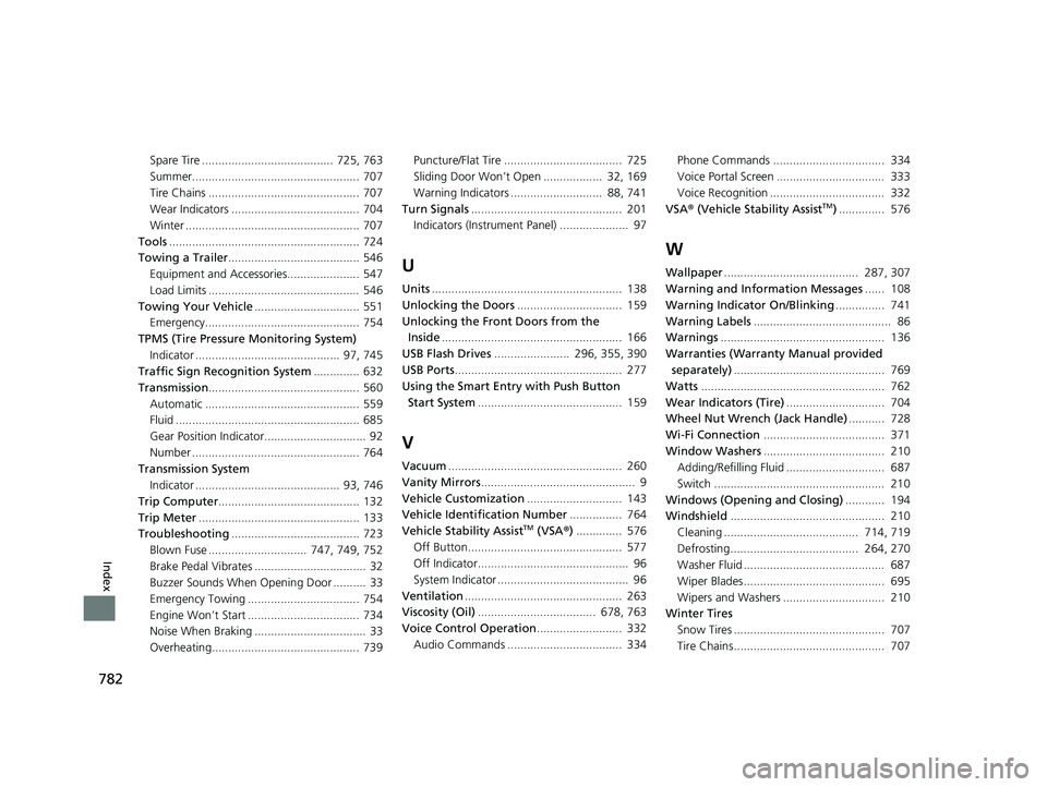 HONDA ODYSSEY 2021   (in English) Owners Guide 782
Index
Spare Tire ........................................  725, 763
Summer................................................... 707
Tire Chains ..............................................  707
We