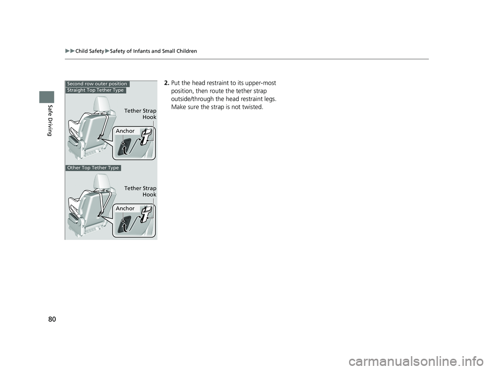 HONDA ODYSSEY 2021 (in English) Manual Online 80
uuChild Safety uSafety of Infants and Small Children
Safe Driving
2. Put the head restraint to its upper-most
position, then rout e the tether strap
outside/through the h ead restraint legs.
Mak HONDA ODYSSEY 2021 (in English) Manual Online 80
uuChild Safety uSafety of Infants and Small Children
Safe Driving
2. Put the head restraint to its upper-most
position, then rout e the tether strap
outside/through the h ead restraint legs.
Mak