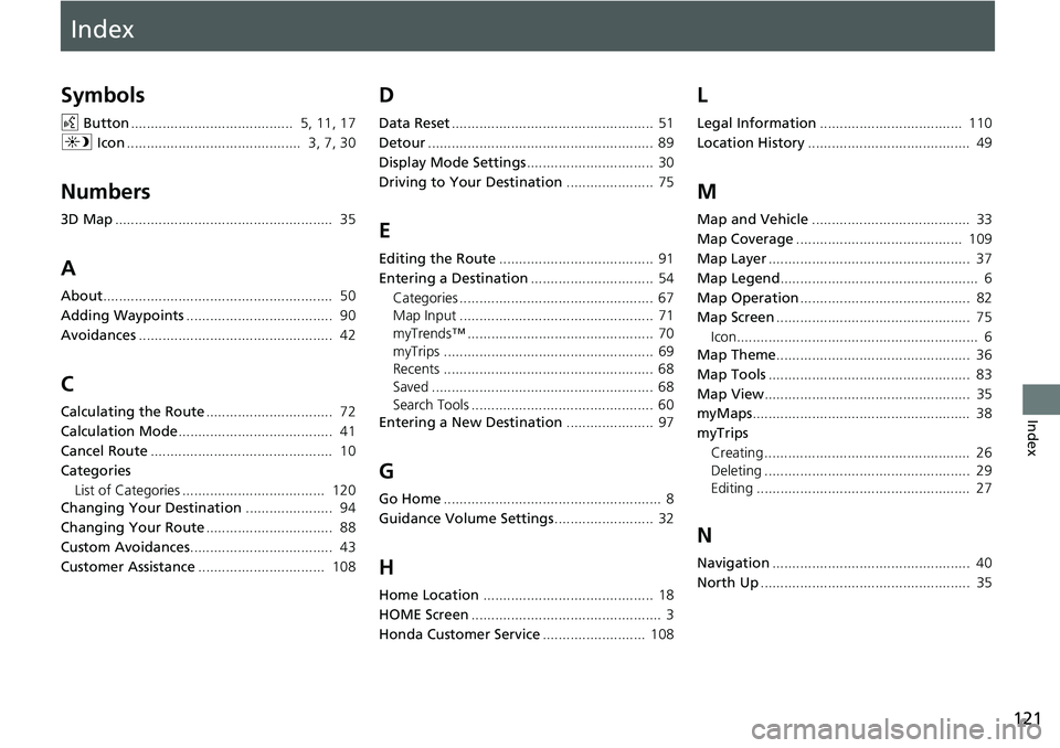 HONDA ODYSSEY 2021 Navigation Manual (in English) Index
121
Index
Index
Symbols
d Button ......................................... 5, 11, 17
a Icon ............................................ 3, 7, 30
Numbers
3D Map .............................. HONDA ODYSSEY 2021 Navigation Manual (in English) Index
121
Index
Index
Symbols
d Button ......................................... 5, 11, 17
a Icon ............................................ 3, 7, 30
Numbers
3D Map ..............................