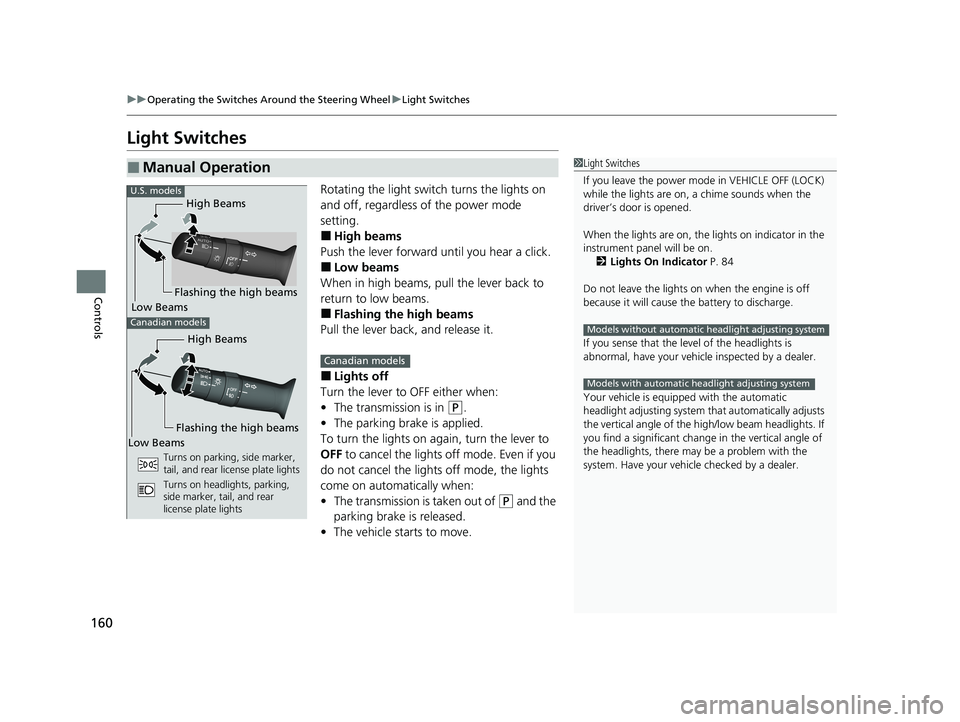 HONDA PASSPORT 2021  Navigation Manual (in English) 160
uuOperating the Switches Around the Steering Wheel uLight Switches
Controls
Light Switches
Rotating the light switch turns the lights on 
and off, regardless of the power mode 
setting.
■High be