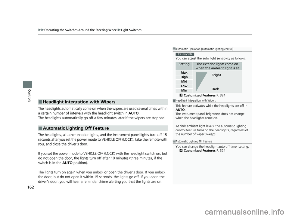 HONDA PASSPORT 2021 Navigation Manual (in English) uuOperating the Switches Around the Steering Wheel uLight Switches
162
Controls
The headlights automatically come on when the wipers are used several times within
a certain number of intervals wi th HONDA PASSPORT 2021 Navigation Manual (in English) uuOperating the Switches Around the Steering Wheel uLight Switches
162
Controls
The headlights automatically come on when the wipers are used several times within
a certain number of intervals wi th