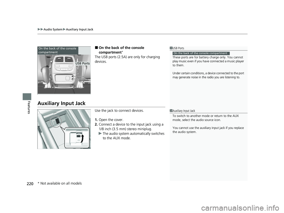 HONDA PASSPORT 2021 Navigation Manual (in English) uuAudio System uAuxiliary Input Jack
220
Features
■On the back of the console
compartment*
The USB ports (2.5A) are only for charging
devices.
Auxiliary Input Jack
Use the jack to connect devices. HONDA PASSPORT 2021 Navigation Manual (in English) uuAudio System uAuxiliary Input Jack
220
Features
■On the back of the console
compartment*
The USB ports (2.5A) are only for charging
devices.
Auxiliary Input Jack
Use the jack to connect devices.
