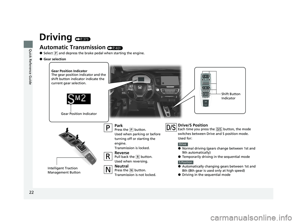 HONDA PASSPORT 2021 Navigation Manual (in English) 22
Quick Reference Guide
Driving (P373)
Automatic Transmission (P401)
●Select (P and depress the brake pedal when starting the engine.
ParkPress the (P button.
Used when parking or before
turning o HONDA PASSPORT 2021 Navigation Manual (in English) 22
Quick Reference Guide
Driving (P373)
Automatic Transmission (P401)
●Select (P and depress the brake pedal when starting the engine.
ParkPress the (P button.
Used when parking or before
turning o