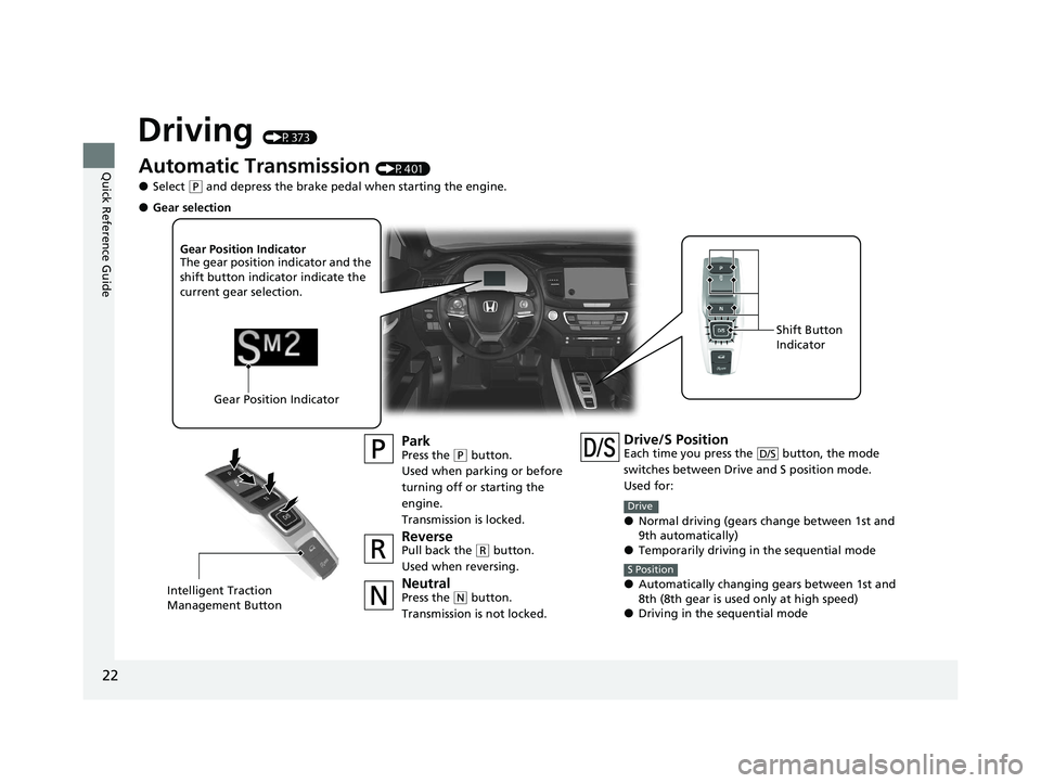 HONDA PASSPORT 2021  Navigation Manual (in English) 22
Quick Reference Guide
Driving (P373)
Automatic Transmission (P401)
●Select (P and depress the brake pedal when starting the engine.
ParkPress the (P button.
Used when parking or before 
turning o