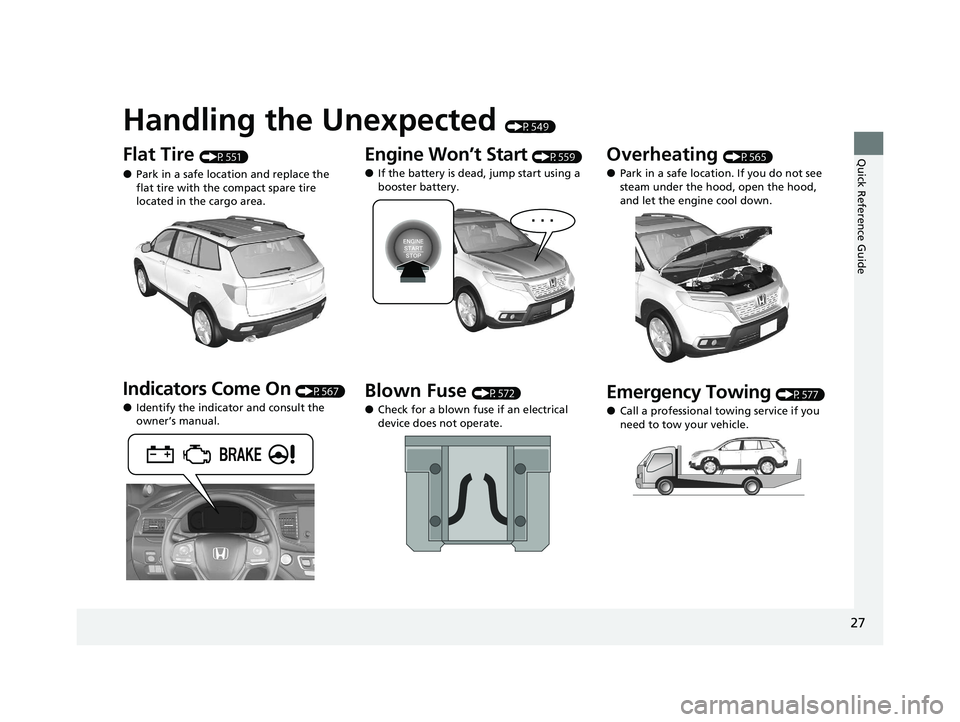 HONDA PASSPORT 2021 Navigation Manual (in English) Quick Reference Guide
27
Handling the Unexpected (P549)
Flat Tire (P551)
●Park in a safe location and replace the
flat tire with the compact spare tire
located in the cargo area.
Indicators Come O HONDA PASSPORT 2021 Navigation Manual (in English) Quick Reference Guide
27
Handling the Unexpected (P549)
Flat Tire (P551)
●Park in a safe location and replace the
flat tire with the compact spare tire
located in the cargo area.
Indicators Come O