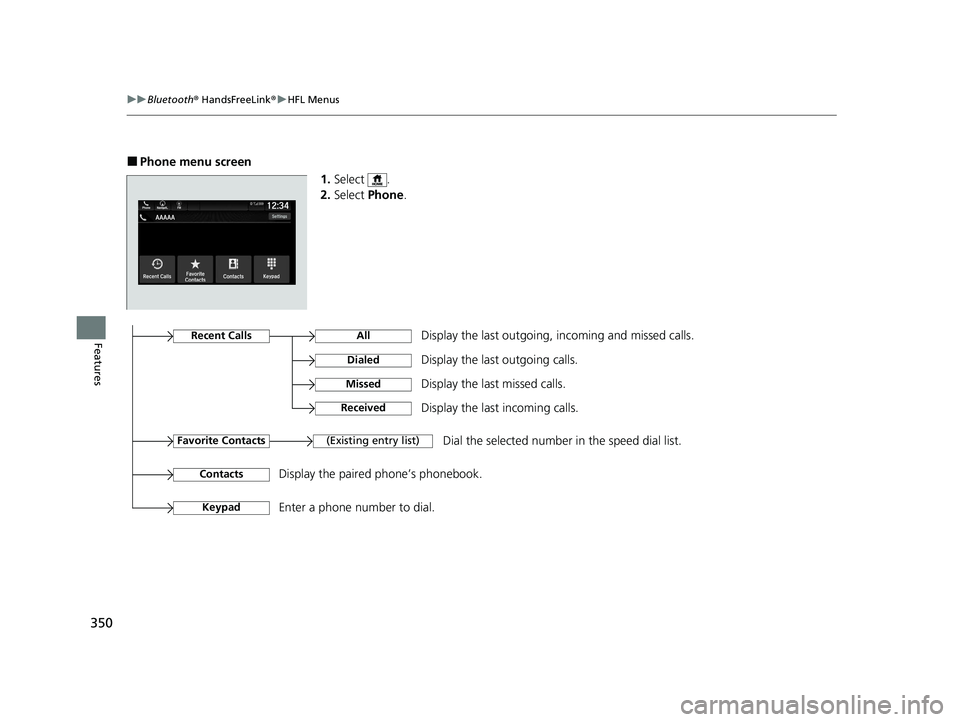 HONDA PASSPORT 2021 Navigation Manual (in English) 350
uuBluetooth ® HandsFreeLink ®u HFL Menus
Features
■Phone menu screen
1.Select .
2. Select Phone .
Display the last outgoing, incoming and missed calls.Recent Calls
Favorite Contacts
All
Diale HONDA PASSPORT 2021 Navigation Manual (in English) 350
uuBluetooth ® HandsFreeLink ®u HFL Menus
Features
■Phone menu screen
1.Select .
2. Select Phone .
Display the last outgoing, incoming and missed calls.Recent Calls
Favorite Contacts
All
Diale